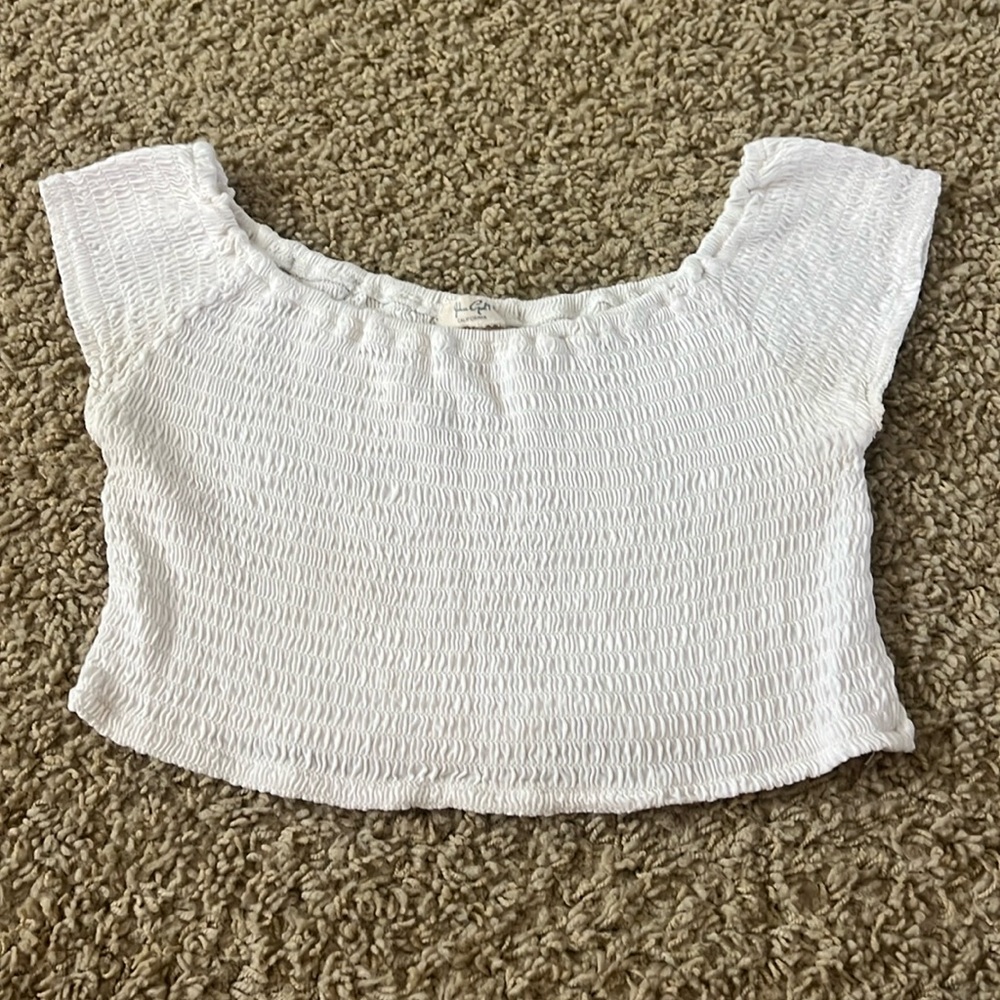 brandy melville white ruched off the shoulder crop top